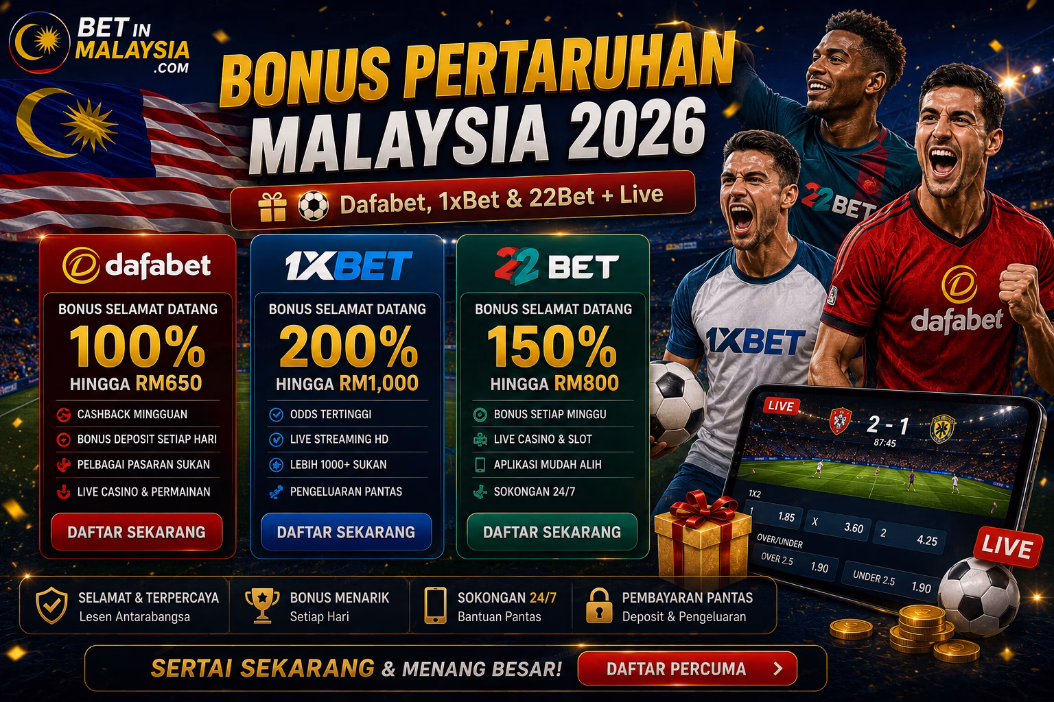 Bonus Pertaruhan Malaysia 2026 – Dafabet, 1xBet & 22Bet Dengan Live Streaming Percuma