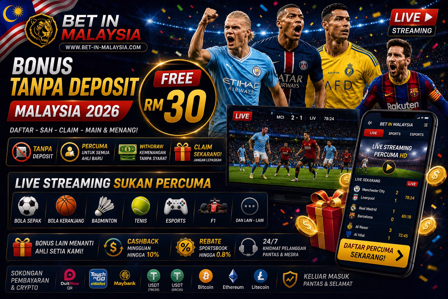 Bonus Tanpa Deposit Malaysia 2026 โ Live Streaming Sukan Percuma & Review Penuh