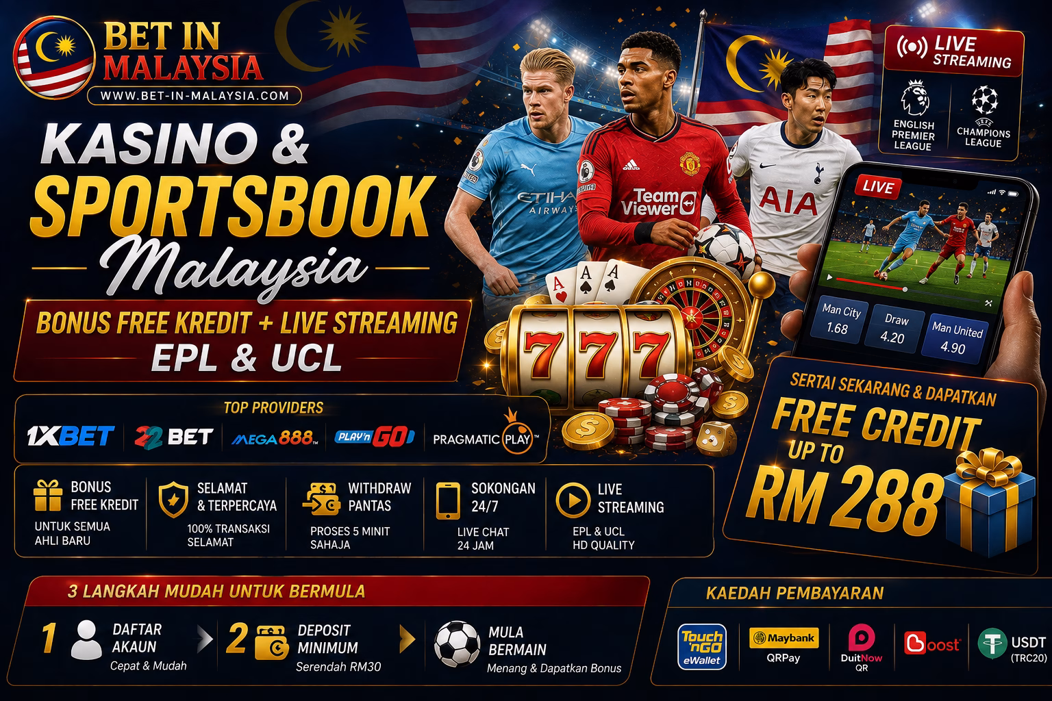Kasino & Sportsbook Malaysia Bonus Free Kredit + Live Streaming EPL & UCL