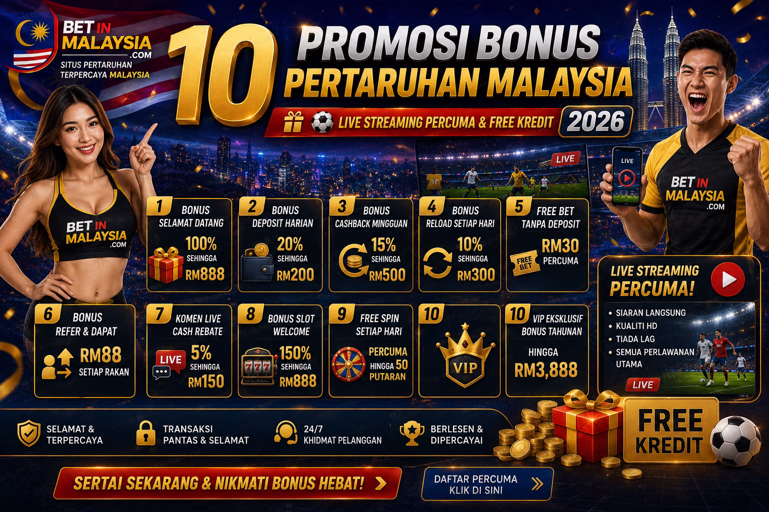 10 Promosi Bonus Pertaruhan Malaysia 2026 (Live Streaming Percuma + Free Kredit)