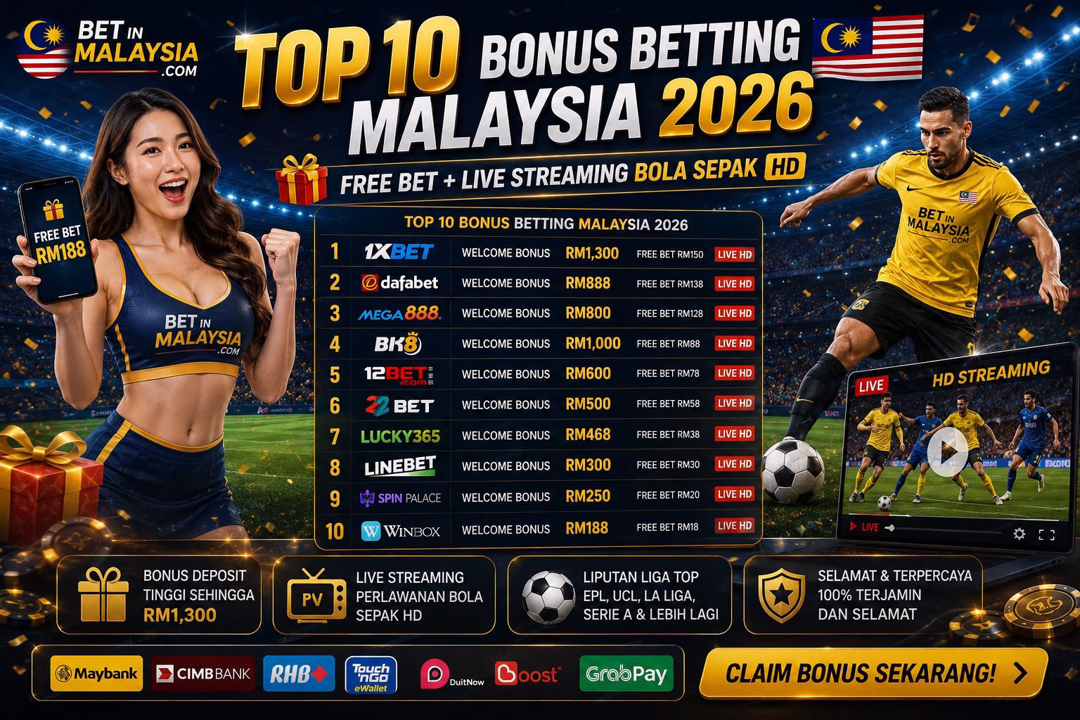 Top 10 Bonus Betting Malaysia 2026 MY – Free Bet + Live Streaming Bola Sepak HD