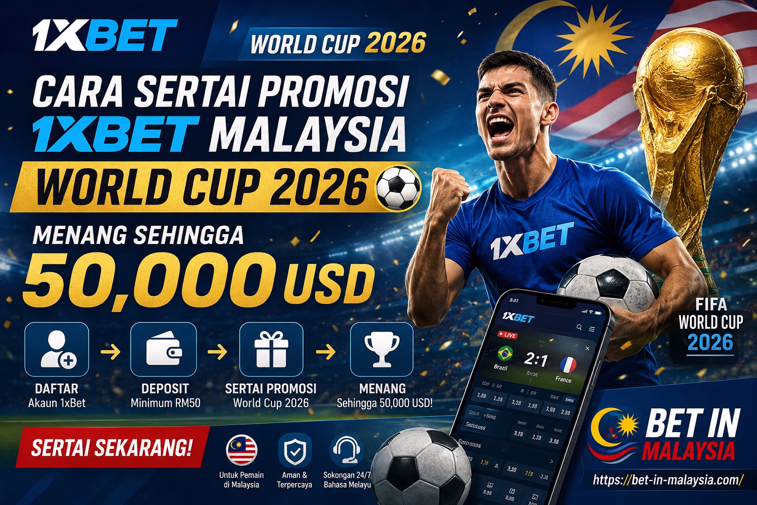 Cara Sertai Promosi 1xBet Malaysia World Cup 2026 Bonus, Free Bet & Hadiah 50,000 USD